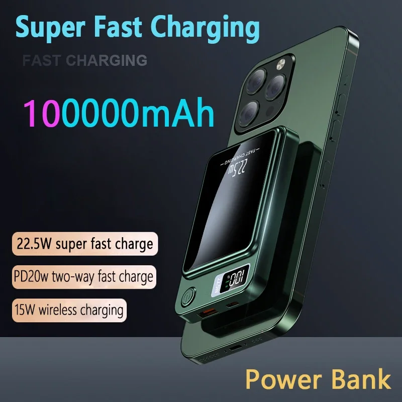

100000 мАч Power Bank Магнитный беспроводной 22,5 Вт сверхемкая зарядка Магнитный внешний аккумулятор для Iphone15 Samsung Xiaomi.