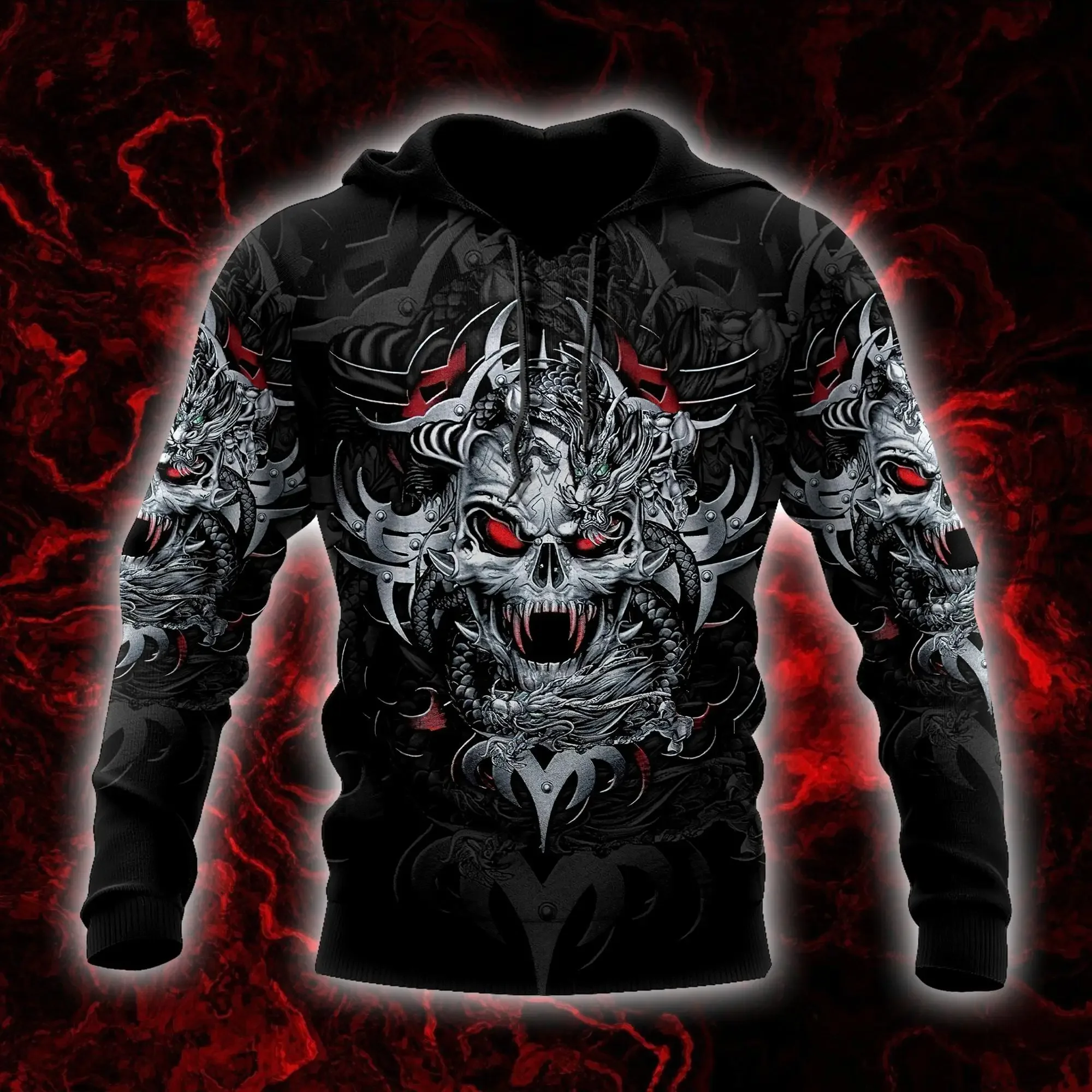 Men's High-Quality Autumn/Winter Hoodie Retro Flame Skull 3D Print Hip-Hop Style Long-Sleeve Comfortable Loose Fit