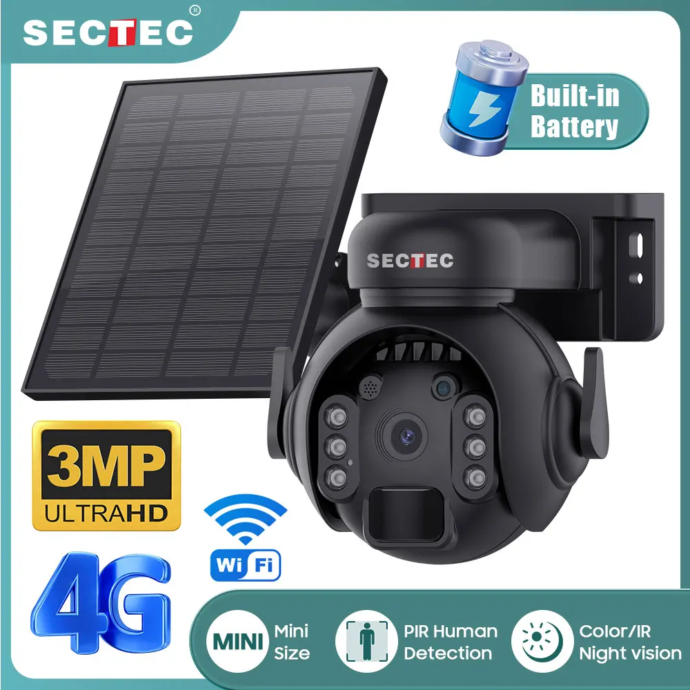 

SECTEC Mini Solar Battery PTZ WIFI Solar Camera Outdoor Surveillance Security 4G Sim Solar CCTV Night Vision