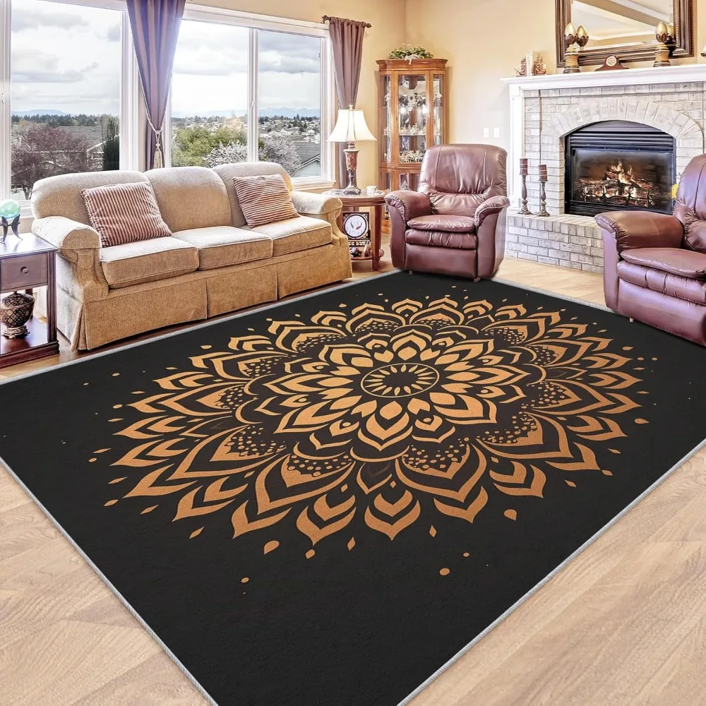 

Ковер 8x10 Мандала — черно-золотой богемный ковер, нескользящий моющийся ковер для домашнего декора