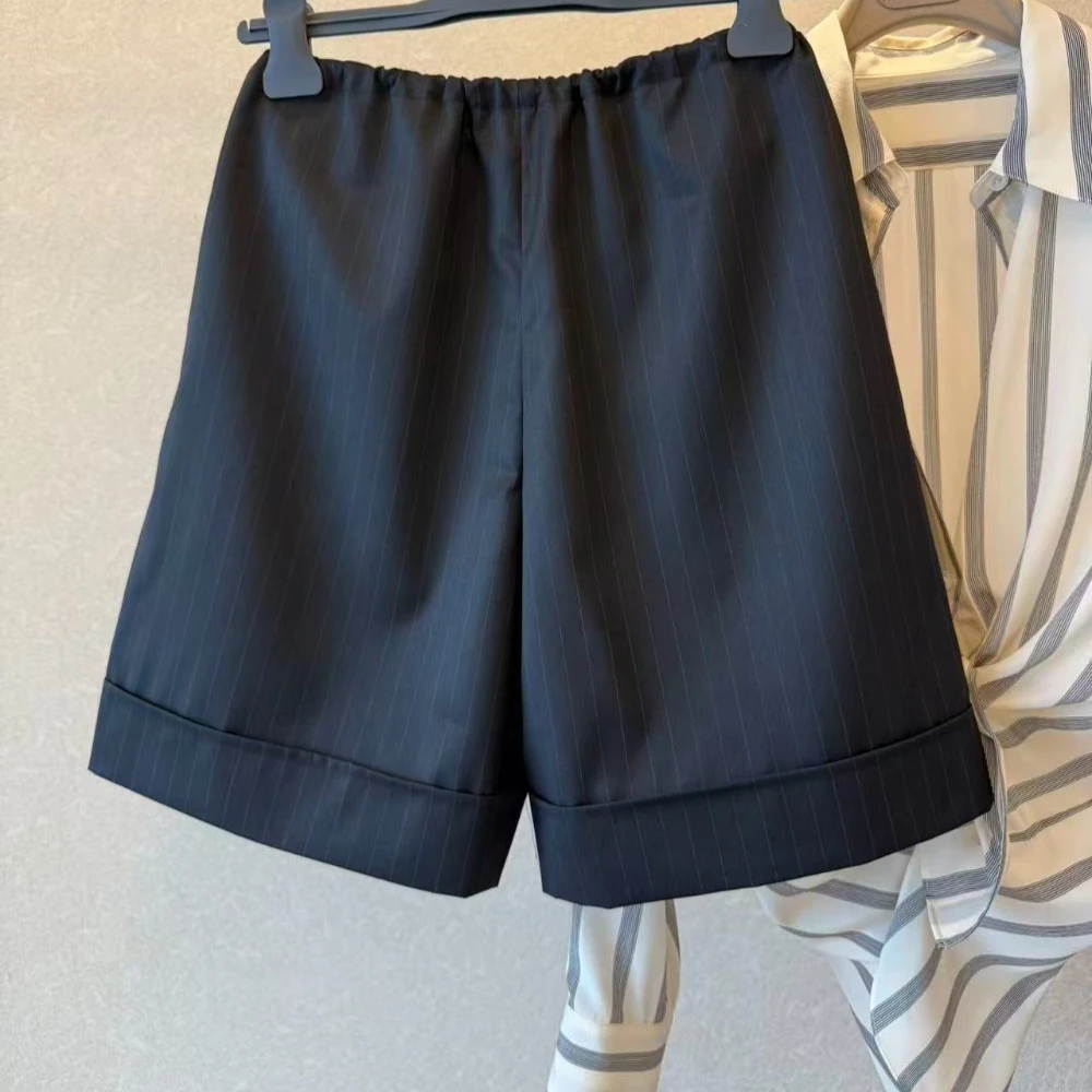 Classic Pinstripe High-waisted A-line Rolled-up Cuffs Shorts