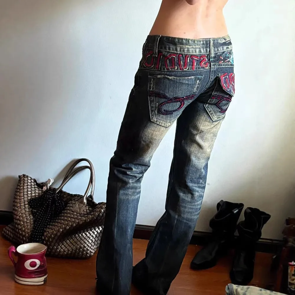 Women's Jeans American Spice Girl Subculture Old Jeans Children Vintage Design Sense Heavy Industry Embroidery Low Waist Mopping view 2