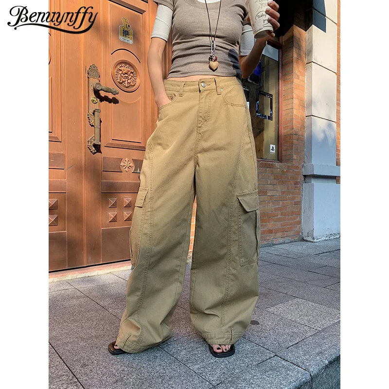

Benuynffy Y2k Multi-pocket Low Waist Cargo Pants Women 2026 Spring New Vintage 2000s Streetwear Baggy Wide Leg Denim Trousers