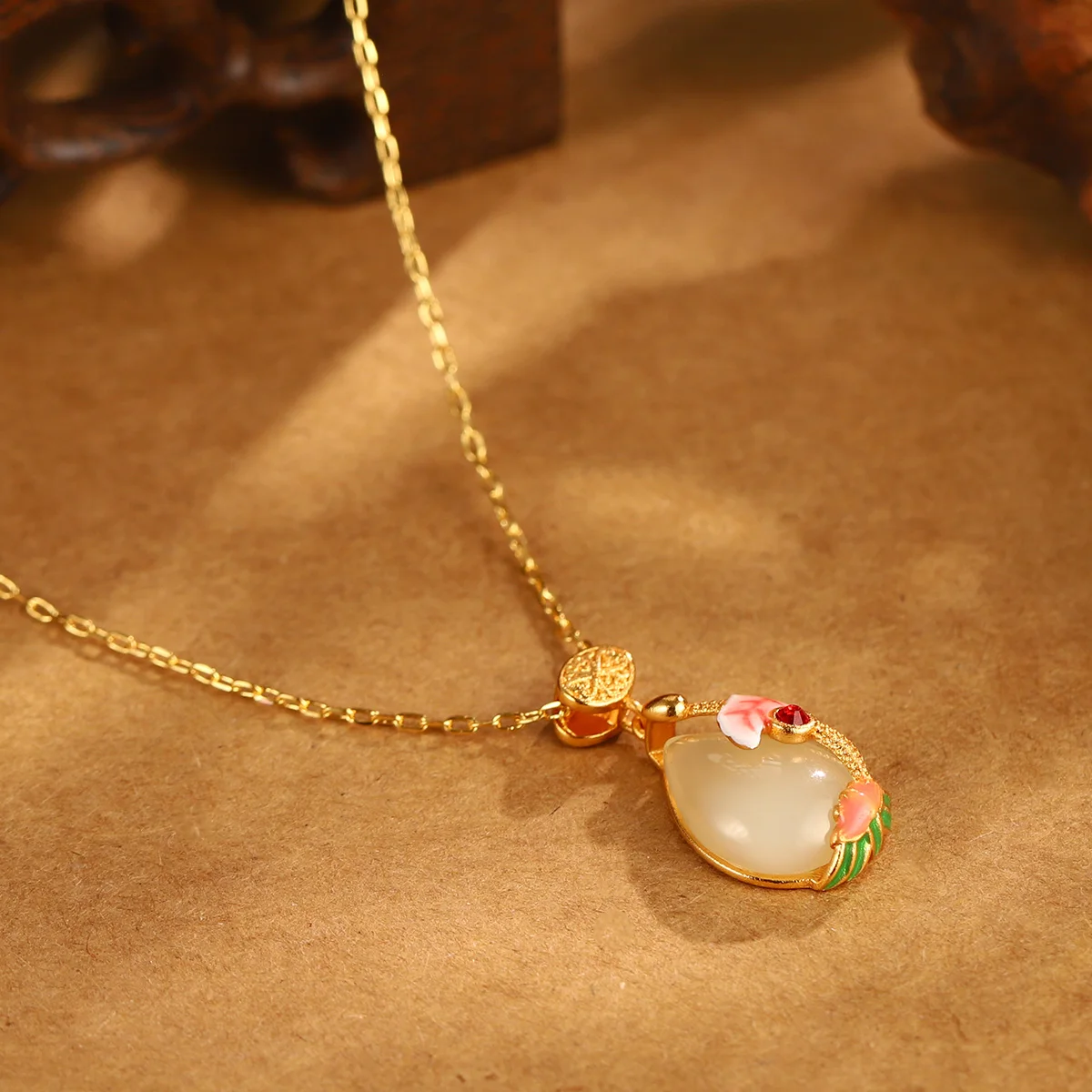 Chinese Style Natural White Jade Chalcedony Water Drop Necklace Elegant Enamel Flower Teardrop Pendant Jewelry Gift