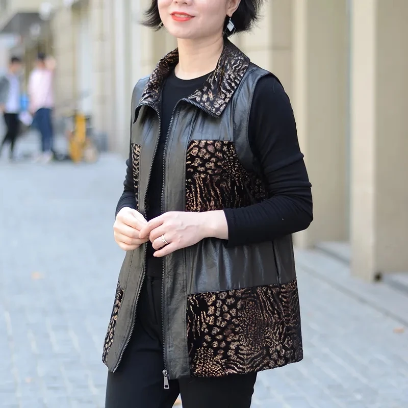 

Vest Coat Female Patchwork Leopard Print Zipper Sleeveless Gilet Woman Cardigan Spring Autumn Turn-down Collar Casual Waistcoat