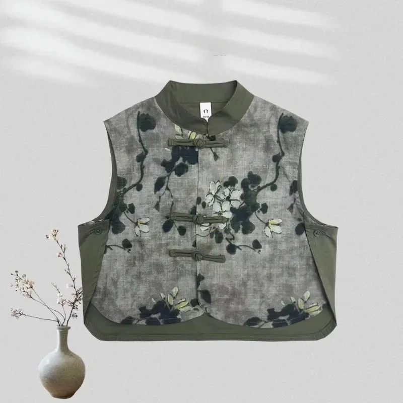 Fashion Cotton Linen Floral Printed Sleeveless Top Blouses Green Short Children Summer Chinese Style Tang Suit Boy's Overalls