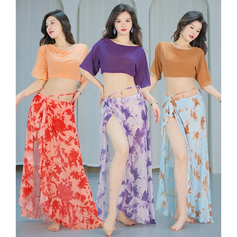 

Костюм для танца живота, топ + юбка с разрезом, короткие рукава для женщин, летняя танцевальная одежда, тренировочная одежда, костюм