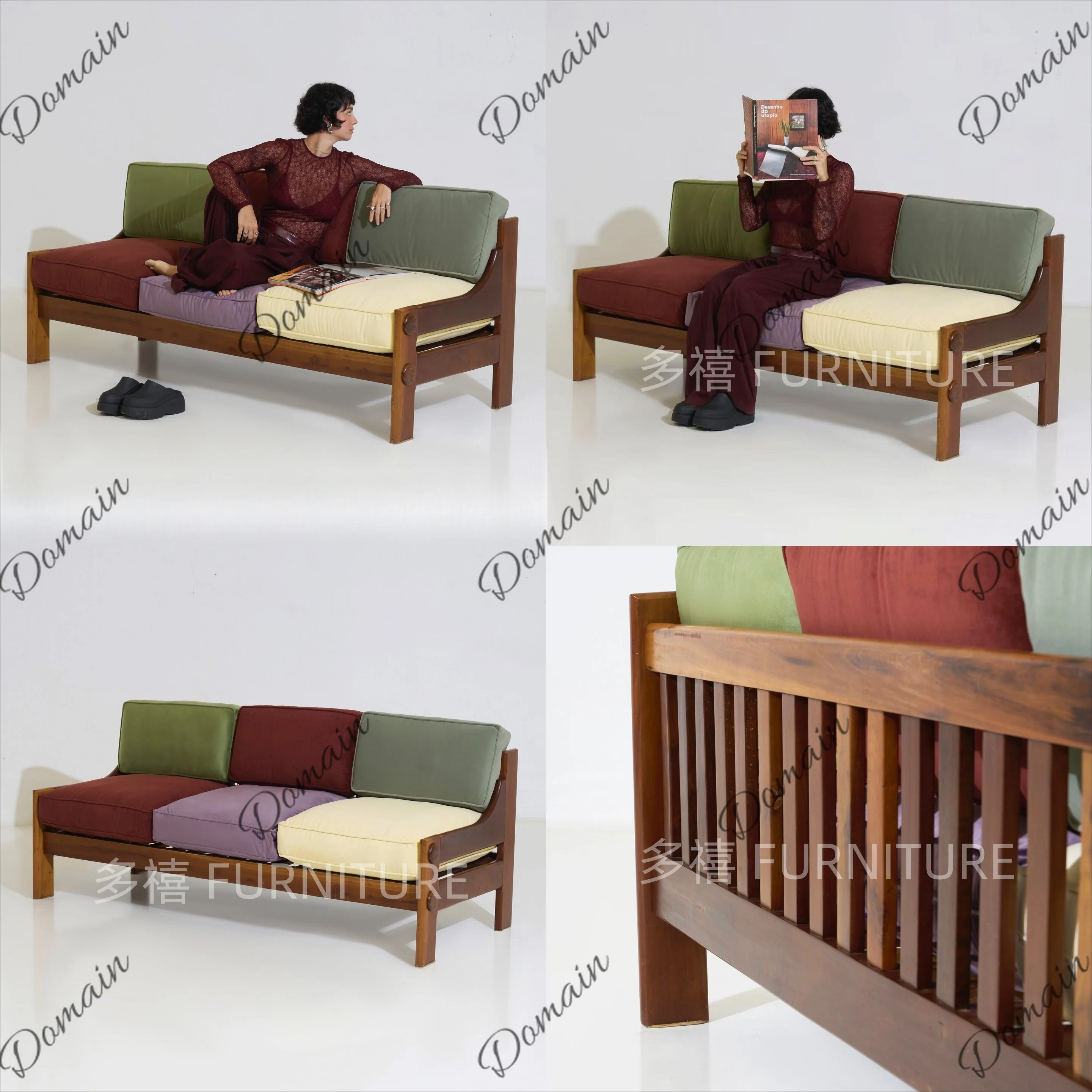 Artistic Vintage Contrast Solid Wood Fabric Sofa Dopamine Retro Southeast Asian Style 3-Seater