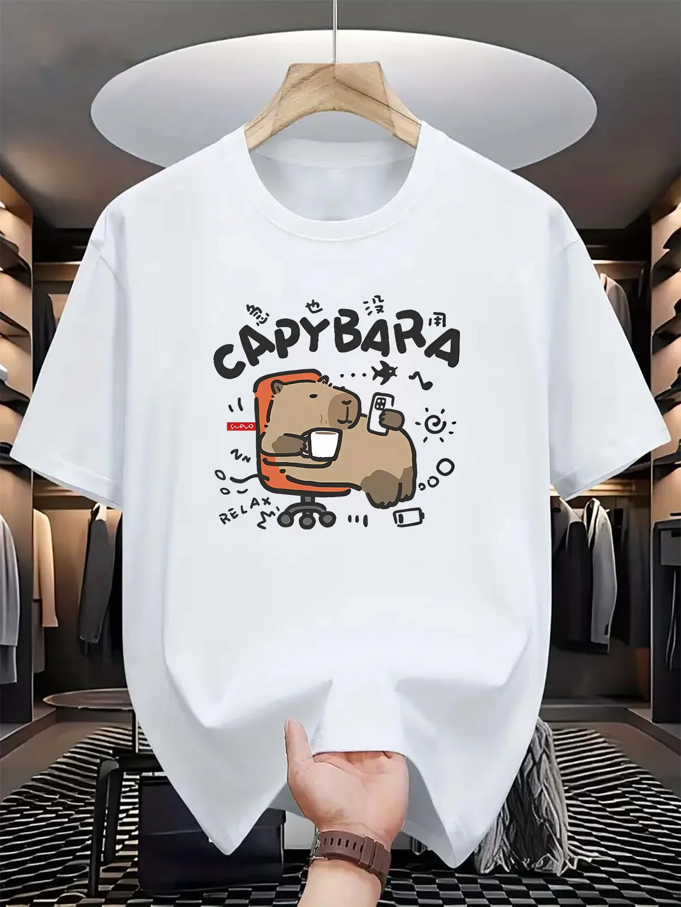 

Summer men's 100% pure cotton fashionable casual Capibara pattern printed round-neck short-sleeved T-shirt top clothing
