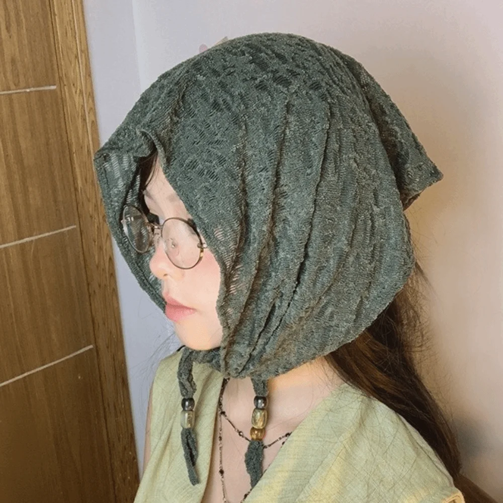 

Elegant Vintage Beads Hair Scarf Korean Y2k Lace Turban Sweet Thin Triangular Bandana Girls