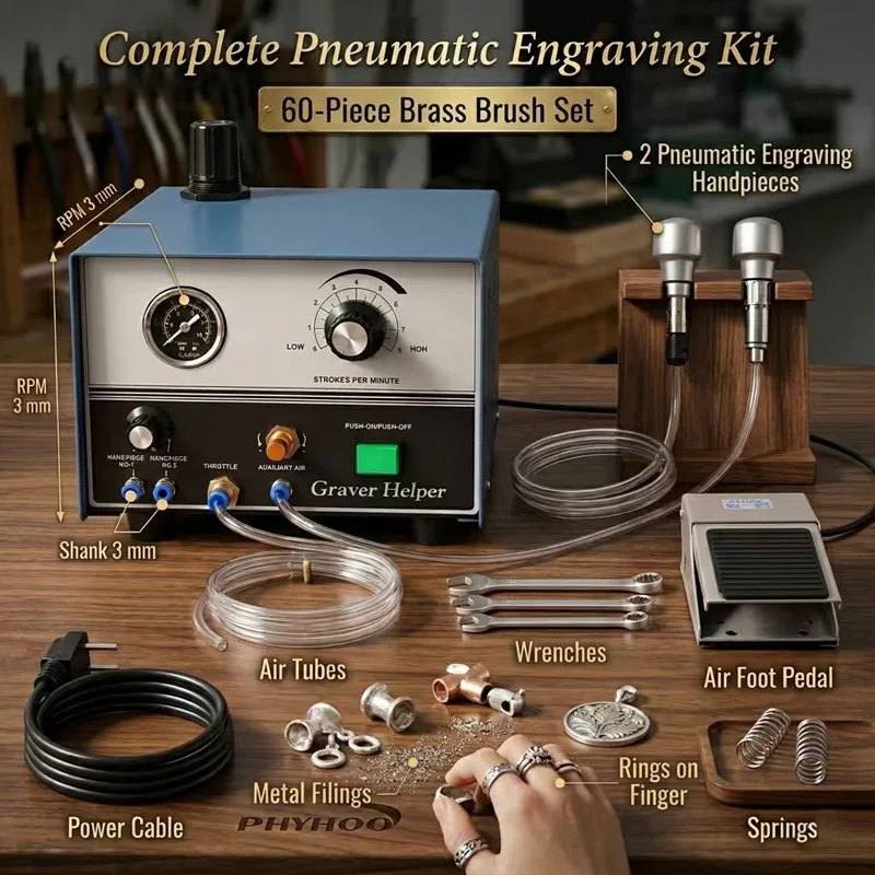 PHYHOO Pneumatic Engraving Machine Jewelry Graver Tool Set Dual Handpiece System for Stone Setting Metal Carving Polishing Craft