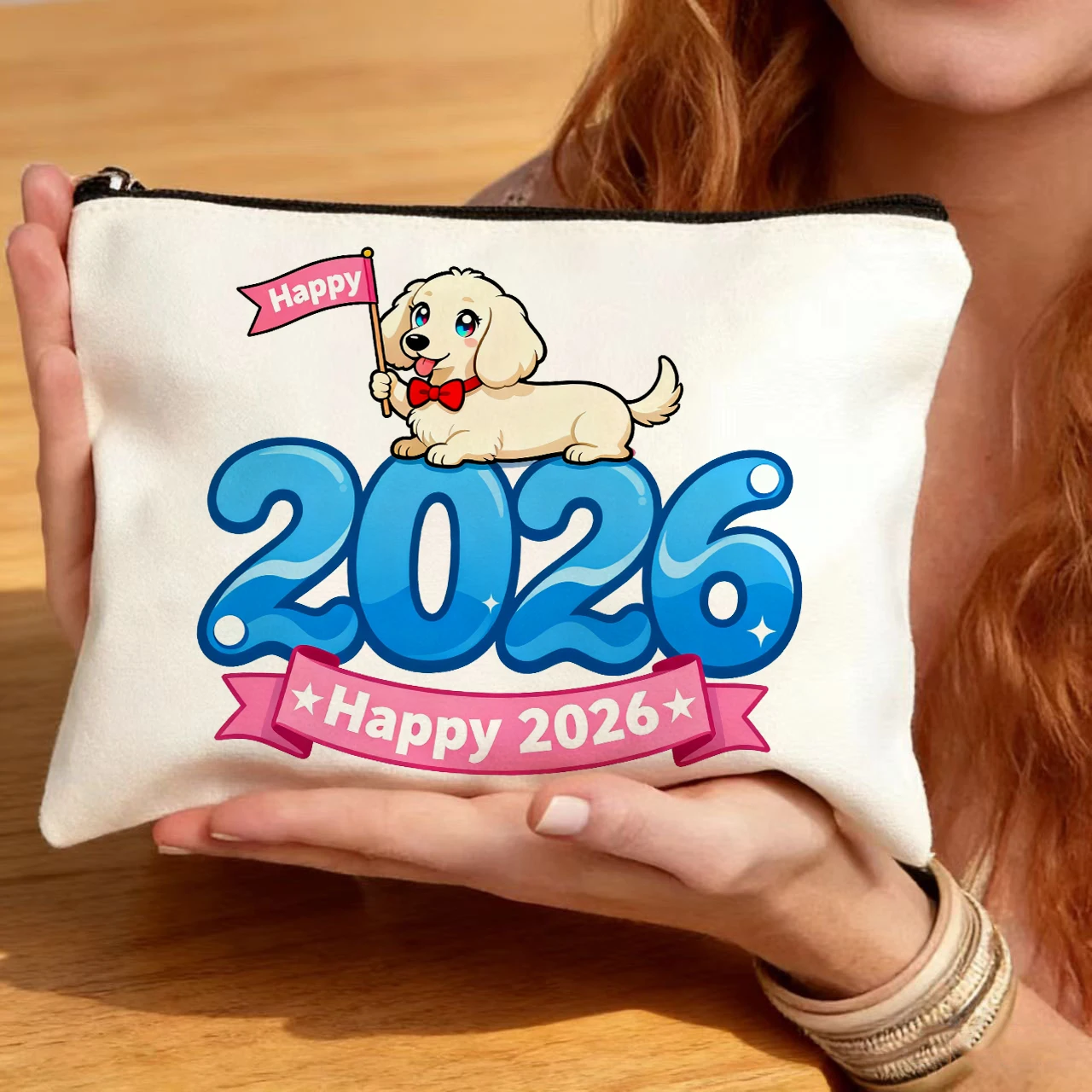 

1PC 2026 themed pet dog pattern canvas pencil case, canvas handbag, stationery bag, multifunctional canvas bag.