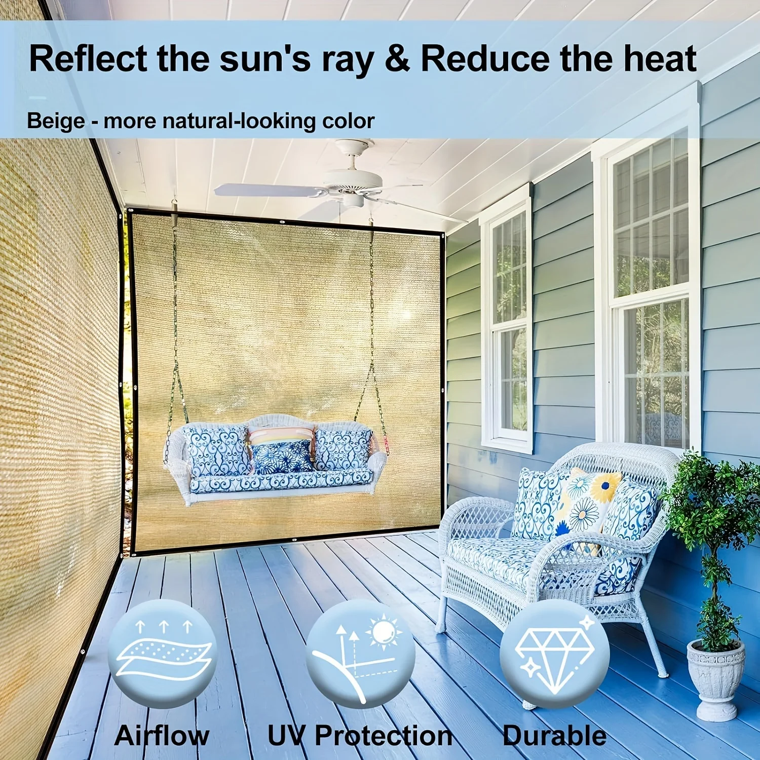 شبكة المظلة المعززة للشرفة مصنوعة من Hdpe عالية الكثافة مع معالجة سميكة، تتميز بتأثير تظليل احترافي