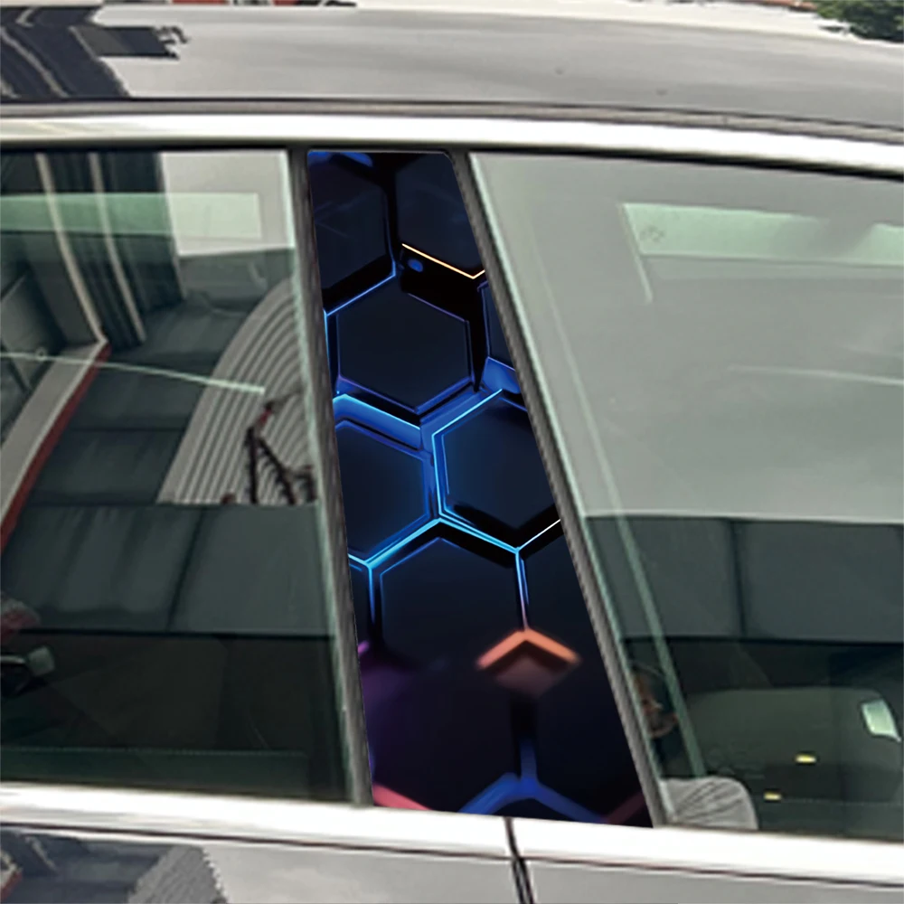 

2pcs Hexagon Neon Purple Tech Cyber Geometric Car Center B Pillar Protective Stickers For Toyota Cruiser LC200 LC300 FJ20