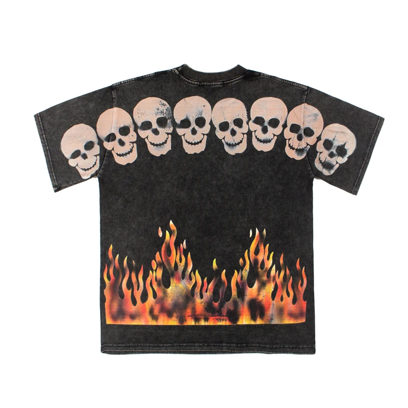 Satoshi Skull Flame Print T-Shirt Men Vintage Washed Black Short Sleeve Loose Oversized Tee Y2K Gothic Street Loose Casual Top