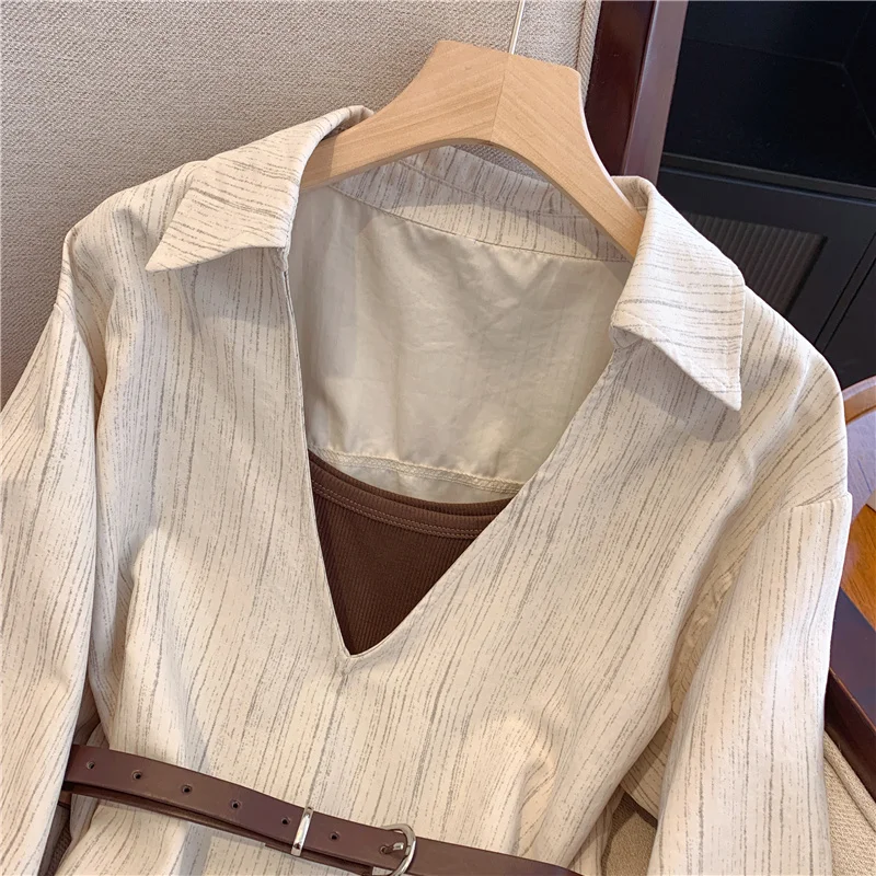 النمط الفرنسي الراقية بلايز السيدات موضة الخصر حزام قميص غير رسمي مع حزام الخامس الرقبة طويلة الأكمام قمصان فضفاضة للنساء