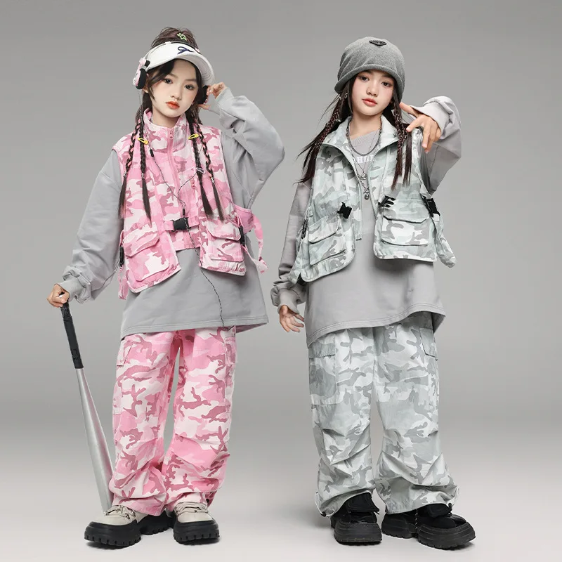 

Kid Hip Hop Clothing Pink Gray Camo Vest Sweatshirt Top Casual Pockets Wide Cargo Pants for Girl Boy Jazz Dance Costumes Clothes