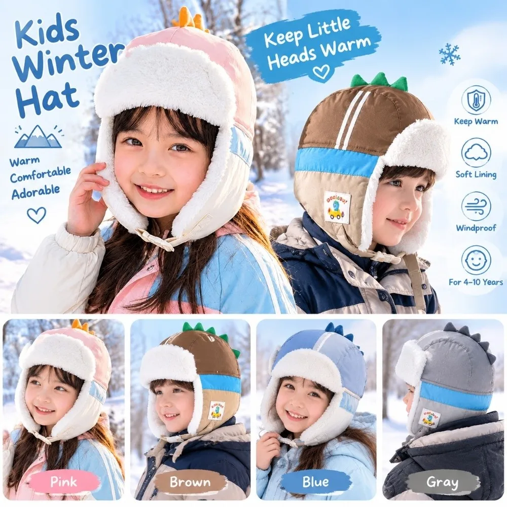 Cute Polyester Cartoon Trapper Hat Ear Protection Warm Dinosaur Winter Hat 49-55CM Thick Kids Earflap Hat Cold Weather