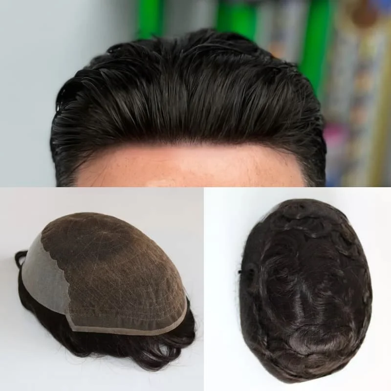 

Мужской парик, удобные мягкие швейцарские кружевные и мужские парики из искусственной кожи, плотность 130%, двойные узлы, натуральный парик # 1 # 1b черные индийские человеческие волосы