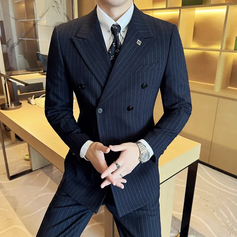 7XL-M ( Jacket + Pants ) Latest 2024 Stripe Design Double Breasted Men Suit 2 Piece Groom Wedding Business Slim Fit Prom Tuxedos