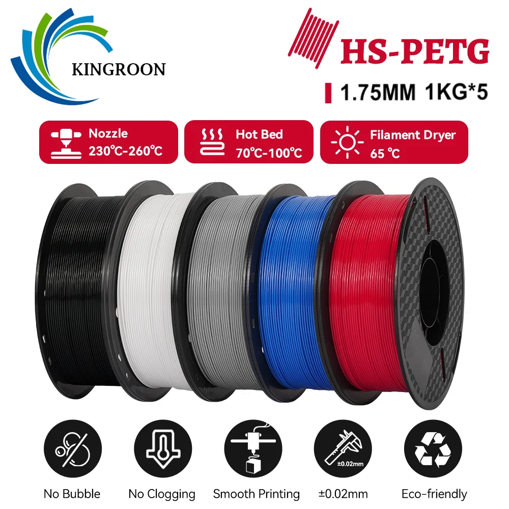 

KINGROON Newest HS-PETG 3D Printer Filament 1.75mm High Speed 3D Printinng Material Eco-Friendly Hyper PETG 5KG Mix Color
