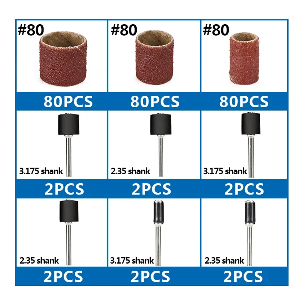 sanding drum kit 252 pcs 80 grit with 2.35 / 3.175mm mandrel sanding band for dremel polishing rotary tools