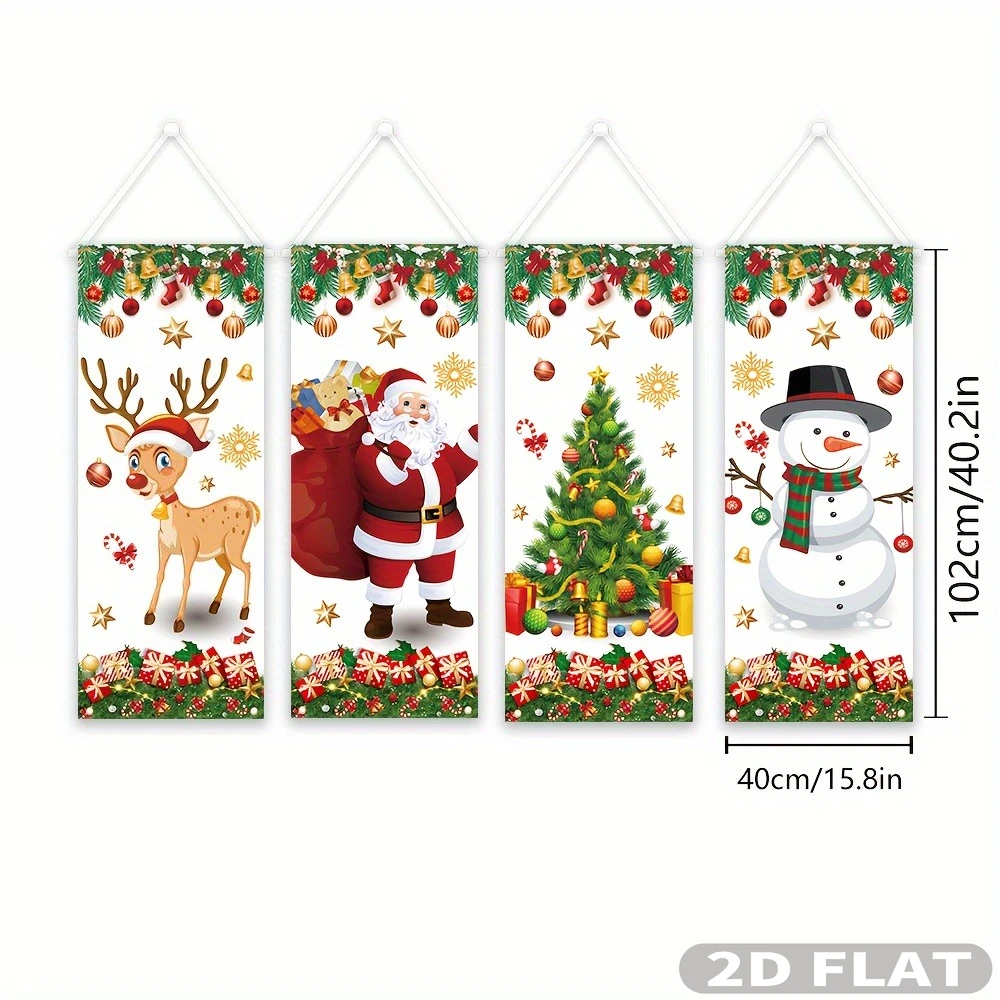 2D FLAT Christmas Banners Party Supplies- 4pcs A Set Party Pack, Elk, Santa Clause, Christmas Tree And Snowman Design, Holiday