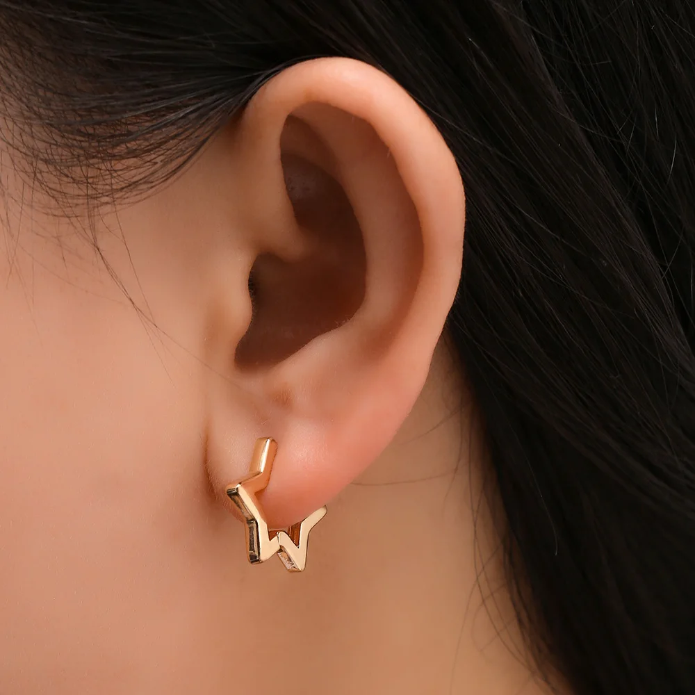 Minimalist Small Star Shape Hoop Earrings for Women Girl Geometric Gold Color Hollowed Huggies Ear Buckle Piercing Jewelry Gift