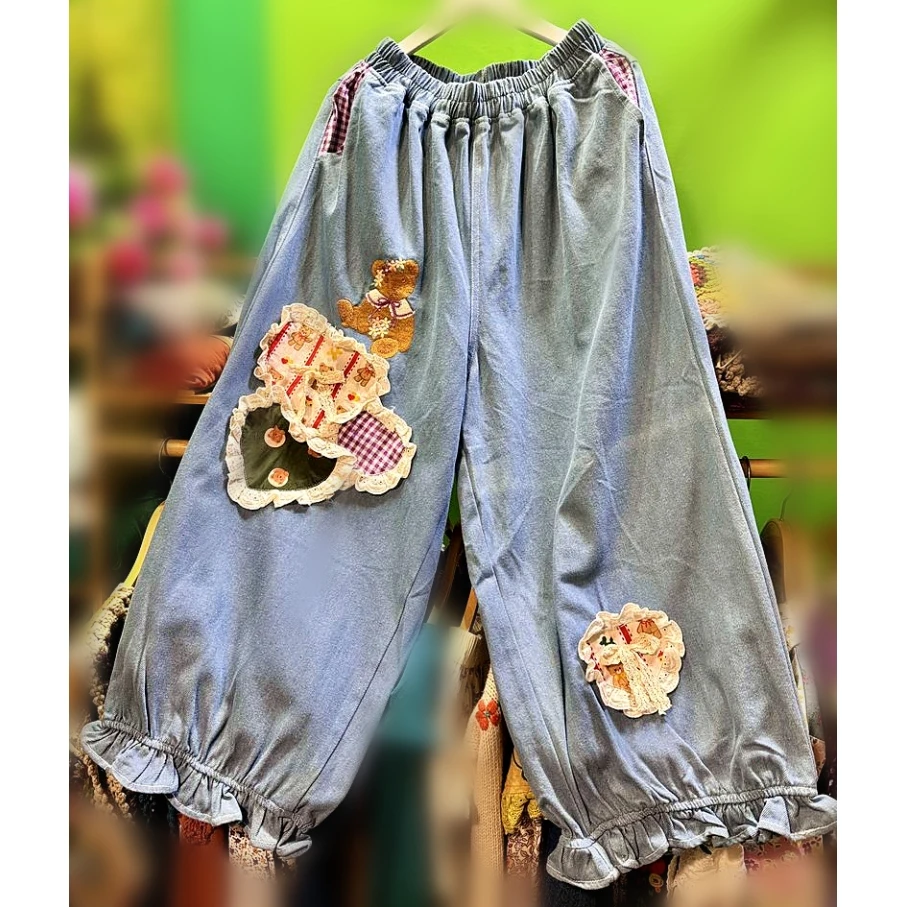 

Women Cottagecore Cute Cartoon Ruffled Lace Denim Wide Legs Pants Korean Goblincore Mori Girl Sweet Lolita Harajuku Trousers