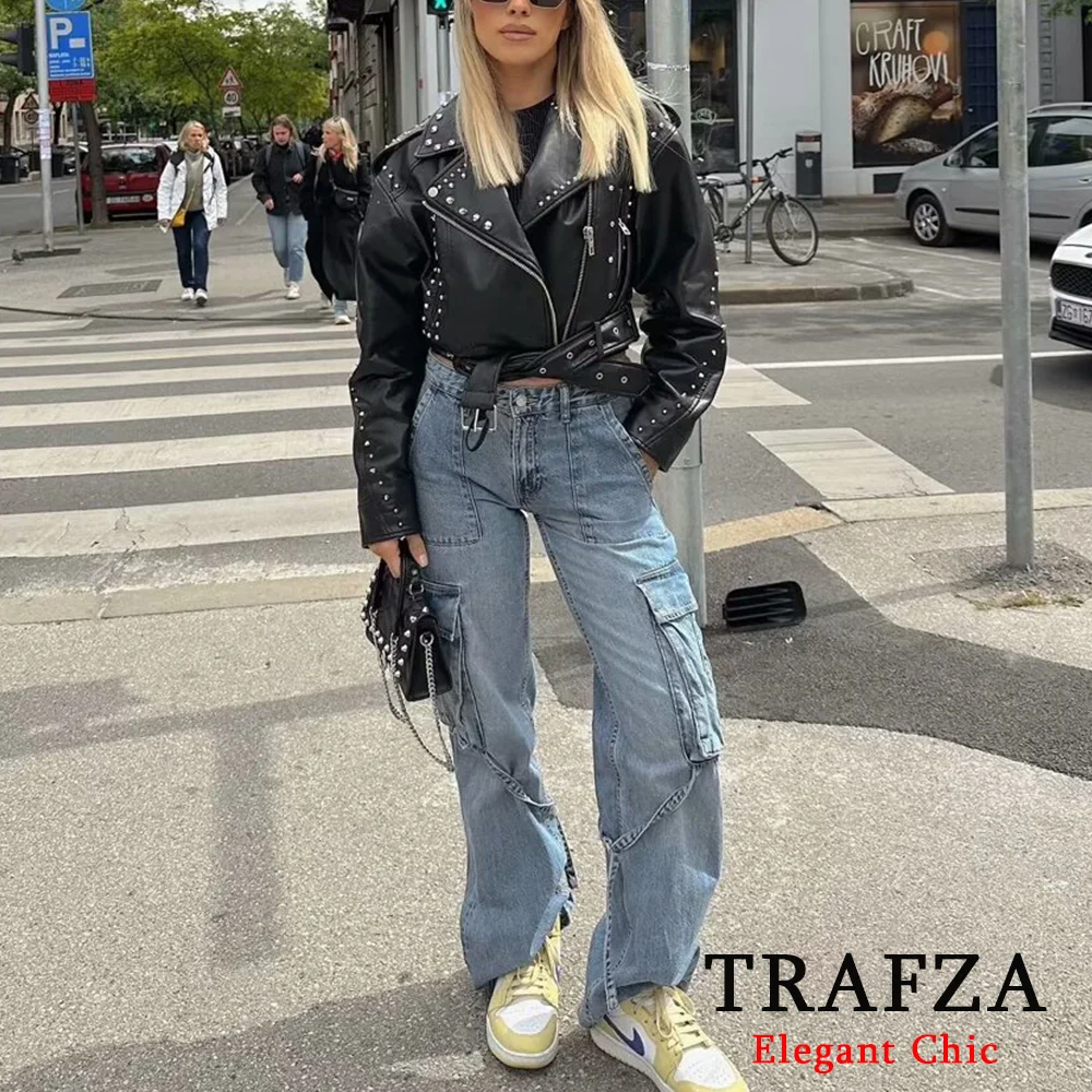 TRAFZA Classic Basic Denim Pants Women\'s Mid-rise Jeans With Pocket New 2024 Spring Summer Fasion Commuter Workwear Trousers