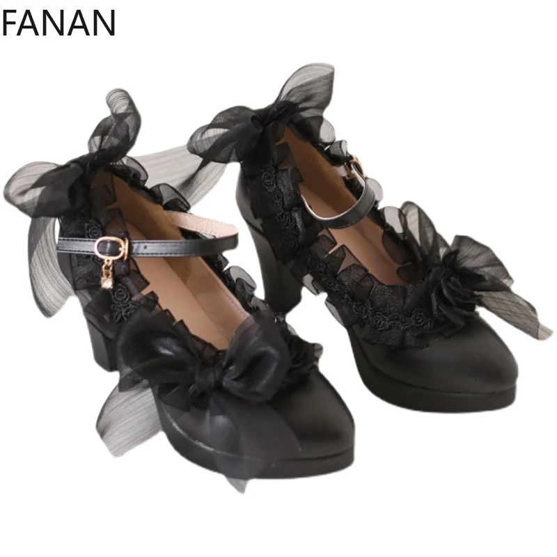 Original Design Black Lolita High Heel Shoes Women's Lace Goth Platform Banquet Wedding Shoes Sweet Flat Pumps