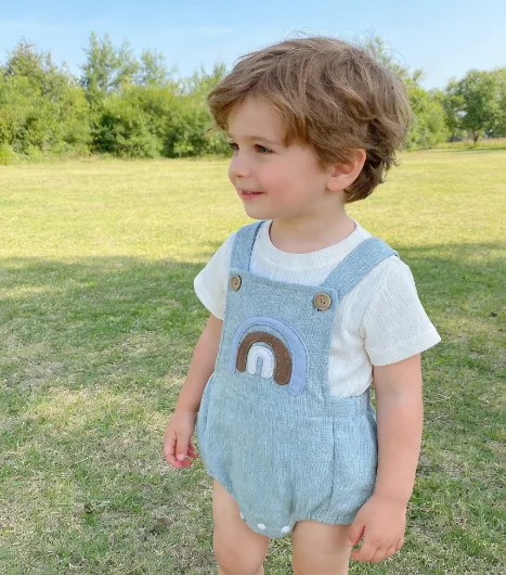 

2 Piece Set New Baby Solid Color T-shirt Rainbow Strap Comfortable Summer Fashion and Cute Kids Rompers Suit