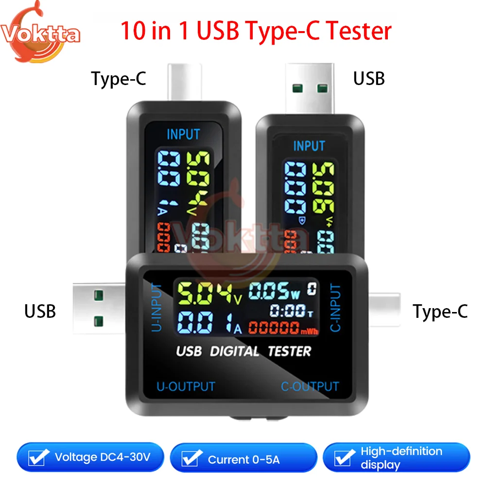 

10 in 1 USB Type-C Tester DC 4.5-36V 0-8A Digital Voltmeter Amperimetro Current Voltage Meter Power Bank Charger Tester