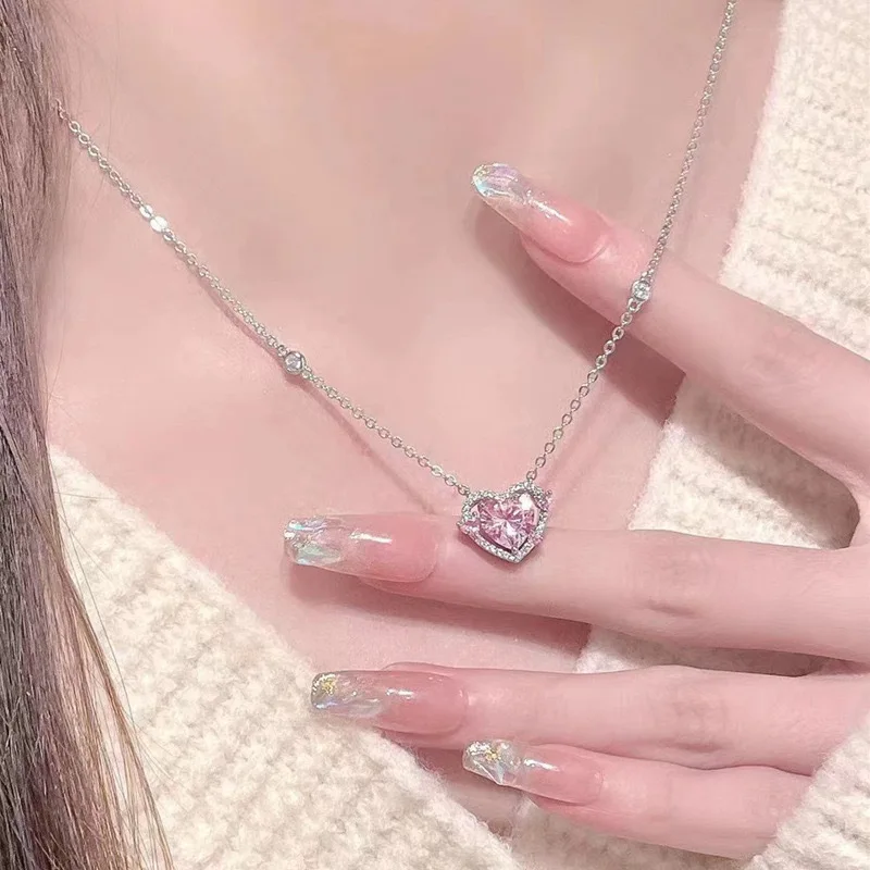 Korean Fashion Pink Crystal Heart Pendant Necklaces Women Girls Y2K Sparkling Rhinestone Fairy Clavicle Chain Jewelry Gifts