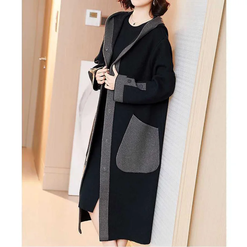 Fashion Hooded Button Spliced Pockets All-match Coats Women Clothing 2023 Autumn New Oversized Casual Tops Loose Commute Trench