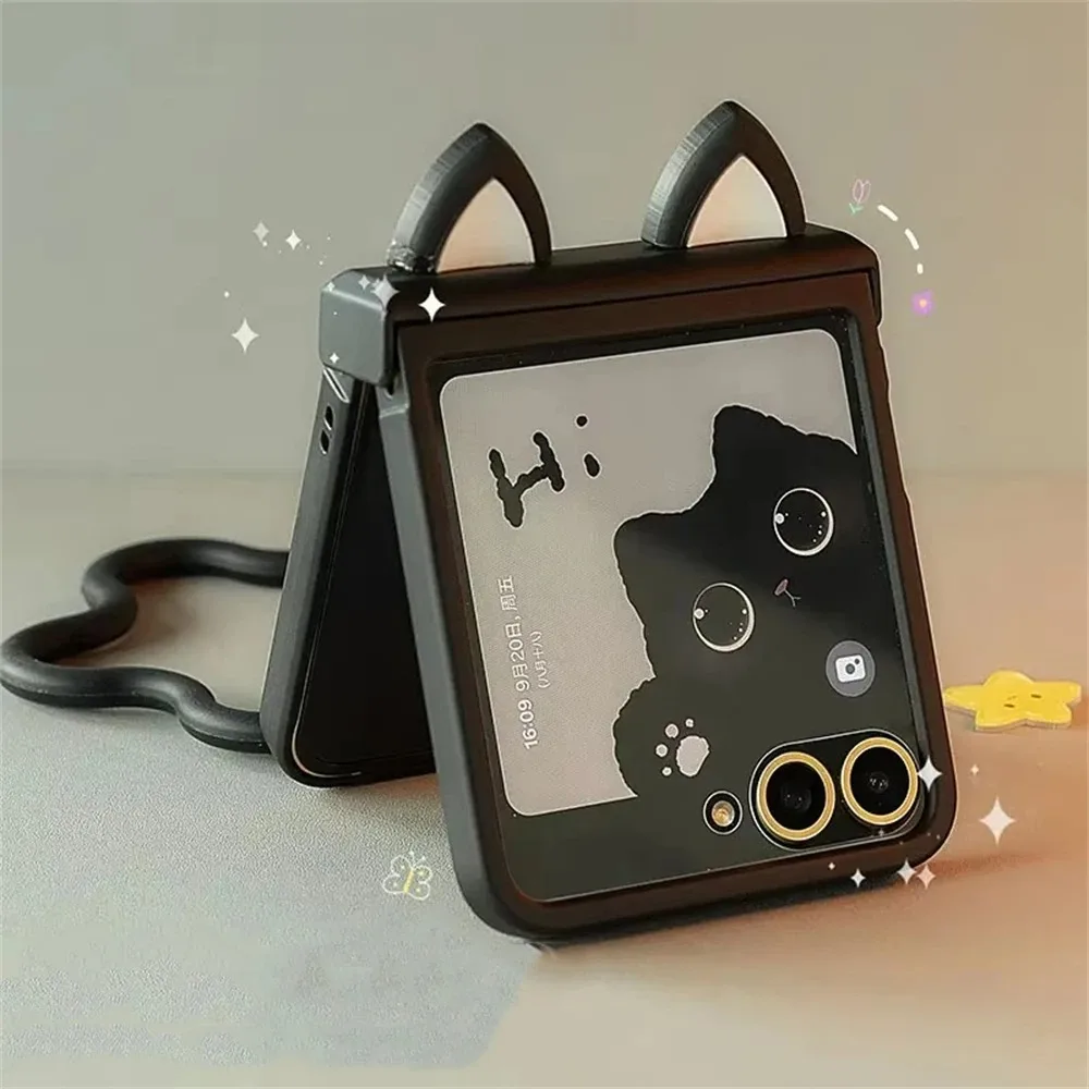 Funda de teléfono negra con orejas de gato bonitas de Japón coreano para Motorola Razr 60 50ultra Razr 40 Ultra para Samsung Galaxy Z Flip 7/6/5/4/3