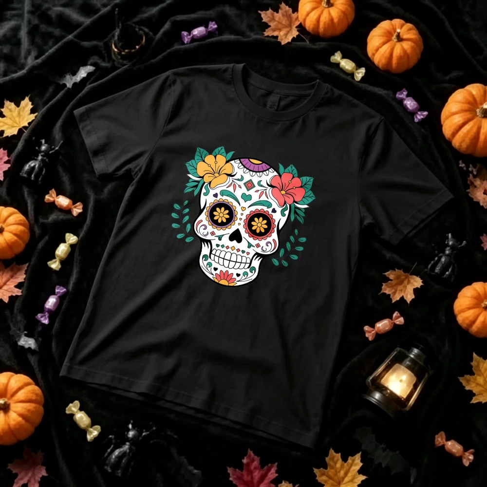 Colorful Floral Sugar Skull Dia De Los Muertos T‑Shirt Mexican Folk Art Blossom Leaf Ornate Calavera Spooky Halloween Tops Tees
