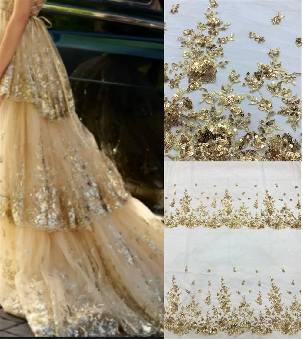 Luxurious gold Nigerian Handmade Beaded French Lace 2025 High Quality Sequins Embroidery African Net Lace Fabric Dress