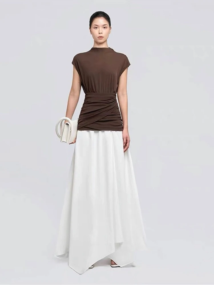 

Sexy Sleeveless Pleated Irregular Contrast Color Long Dress Women O Neck Hollow Out Folds A-line Dresses Evening Party Cocktail