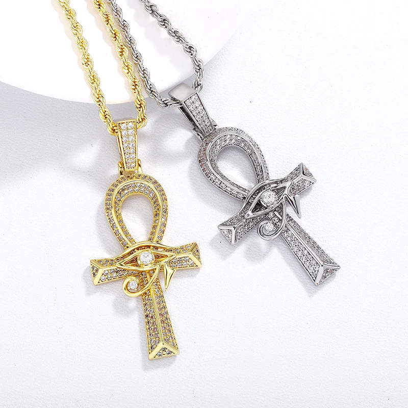 Hip Hop Egyptian Eye Of Horus Ankh Cross Necklace Copper Zircon Vintage Versatile Street Jewelry For Men Women Daily Wear