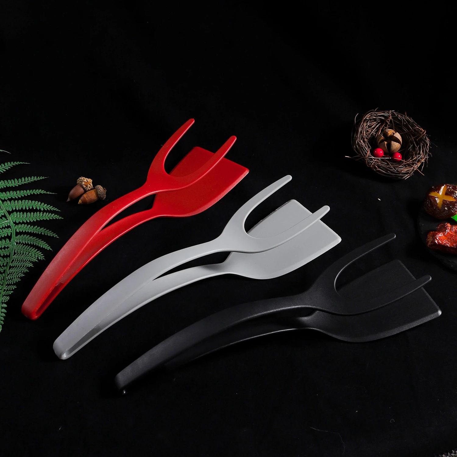 2 In 1 Nylon Grip Flip Tongs Egg Spatula Tongs Steak Spatula Tongs Clamp Pancake Fried Turners Kitchen Accessories