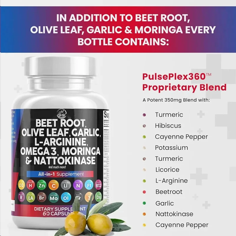 Beet root 60 capsules 6000mg Olive leaf 6000mg Nattokinase 4000 FU Garlic extract 2000mg L-arginine 400mg Omega 3 Hibiscus