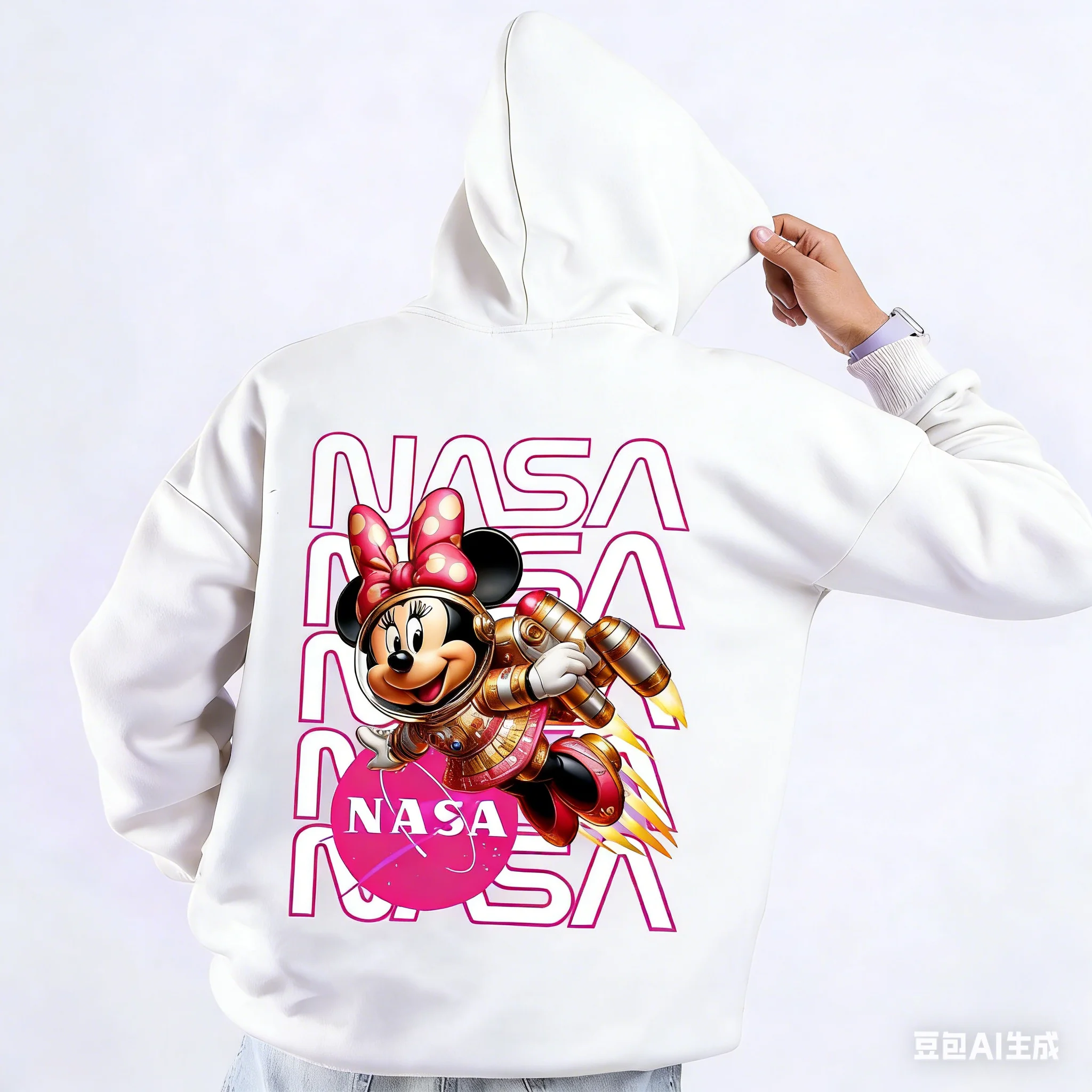 Sweat à capuche unisexe en coton polaire Disney Mickey Mouse, couleur noire, astronaute avec nœud papillon rose, imprimé au dos, volant avec fusée de feu