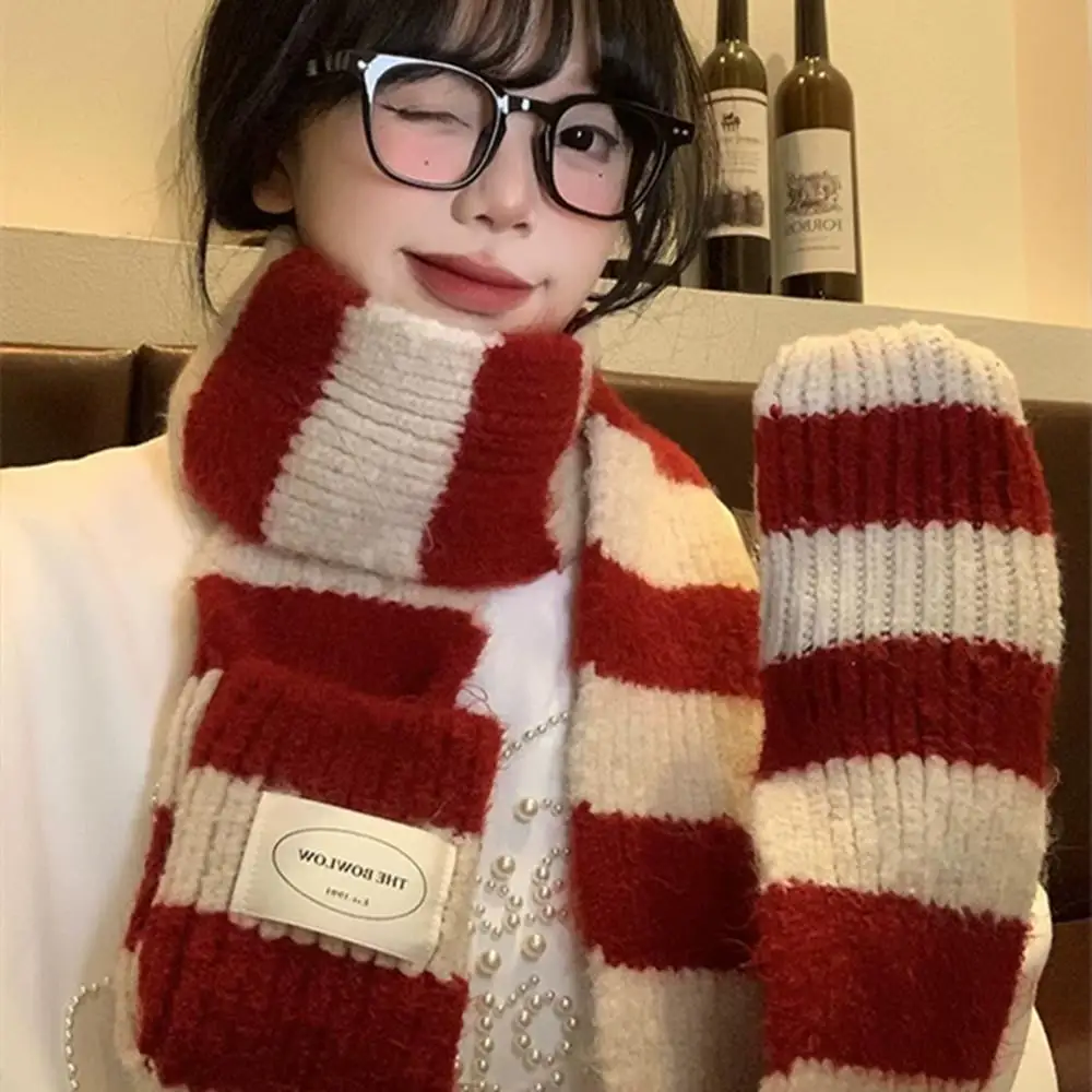 Red Stripe Soft Wool Knitted Scarf Women Winter Korean Thick Warm Scarf Fashion Y2K Harajuku Scarf Shawl Christmas New Year Gift