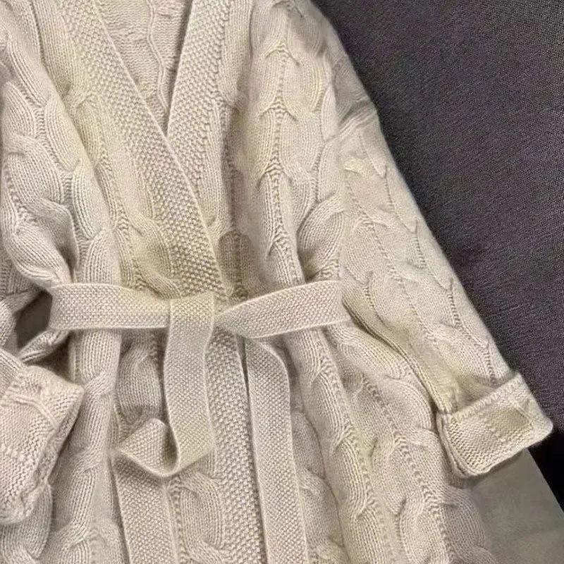 Loose Beige Striped Sweater Women Autumn New  Lazy V-neck Lace-up Wool Knitted Cardigan Jacket Korean Mid Long Knitwear