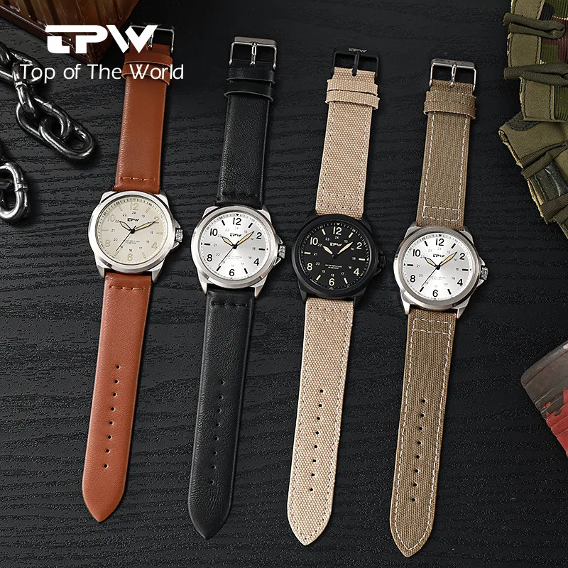 Classic Field Watches Fabric Strap Stitched Leather Band 42mm Men\'s 30M Waterproof Analog Military Top Brand Leather Wristwatch