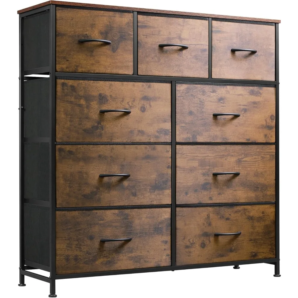 

9-Drawer Dresser, Fabric Storage Tower for Hallway,Closet, Steel Frame,Wood Top, Easy Pull Handle,Rustic Brown Wood Grain Print