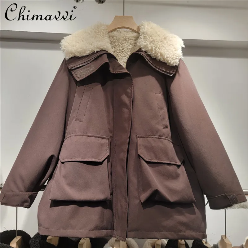 2025 Winter Women's Retro Army Green Plush Patchwork Big Lapel Parka Loose Casual Thickened Warm Winter Coat Jackets for Women