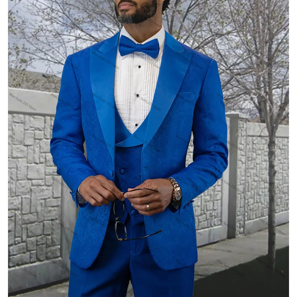 Elegant Jacquard Fabric Peak Lapel Men Suits Single Breasted Regular Length High Quality Wedding Full 3 Piece Jacket Pants Vest