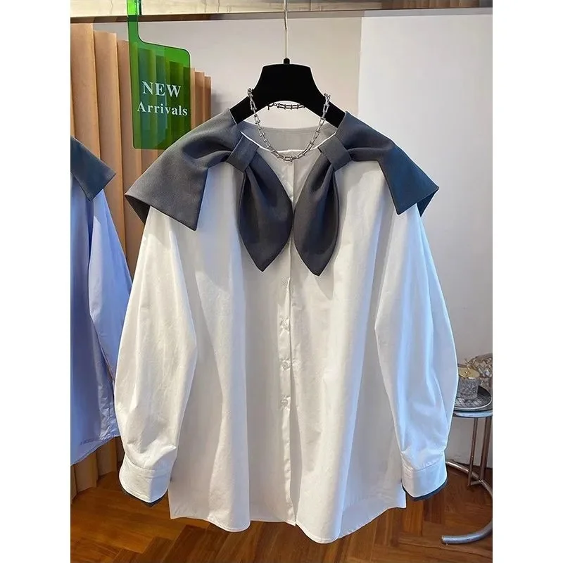 Shirts & blouses Design Sense Single-breasted bow Navy Collar big Lapel Shirt Women's new Loose Age-reducing Doll Collar top